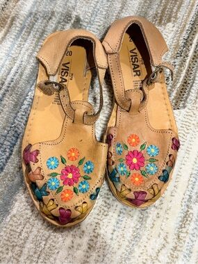 Tan Leather Floral Embroidered girls Sandals